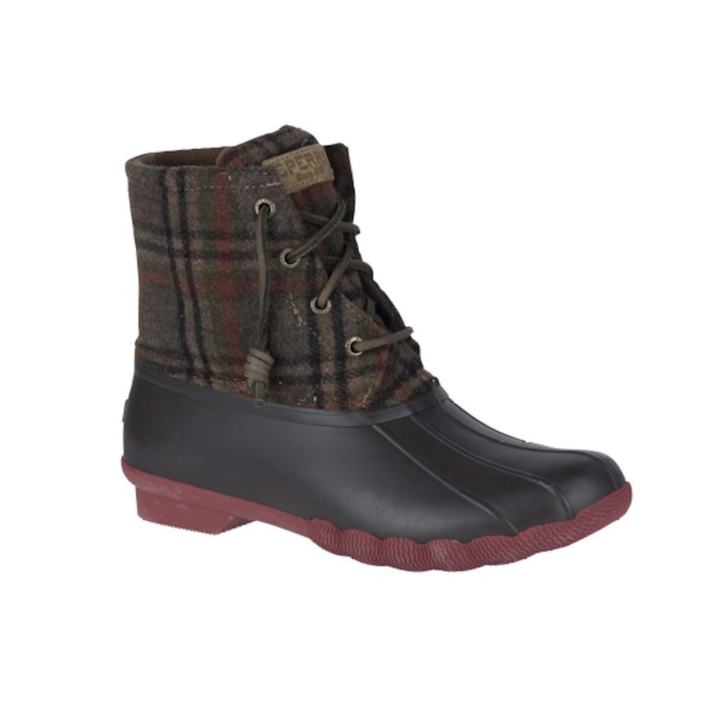SPERRY Saltwater Duck Boot Plaid Wool Winter Rain Ankle Boot Women 7.5 Brown